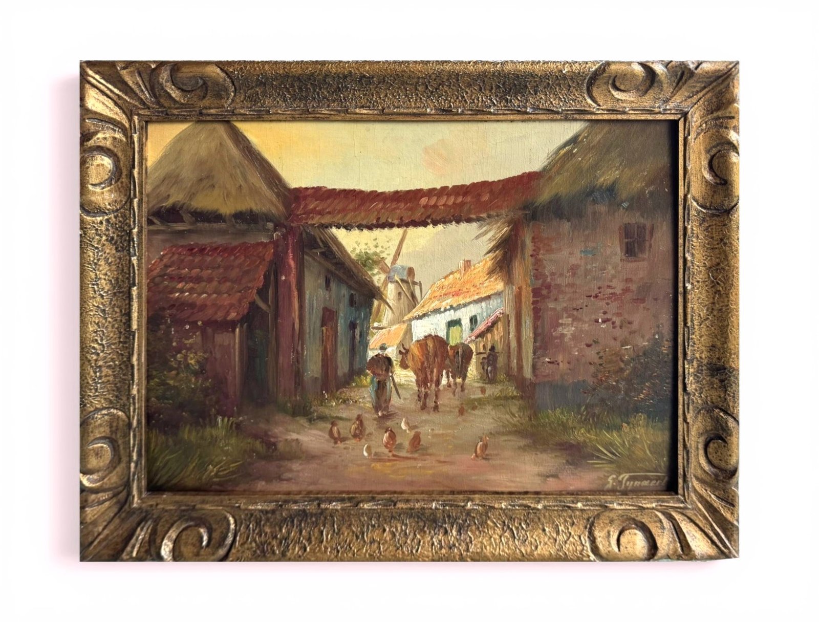 Antique Farm Painting Oil on Wood by Gustav Pynaert (1900-1968)